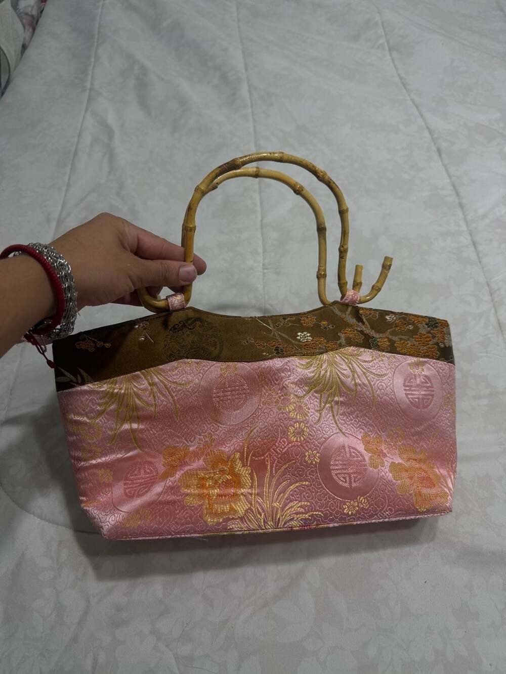 Chinese Silk Brocade Floral Print Handbag with Bamboo Handles